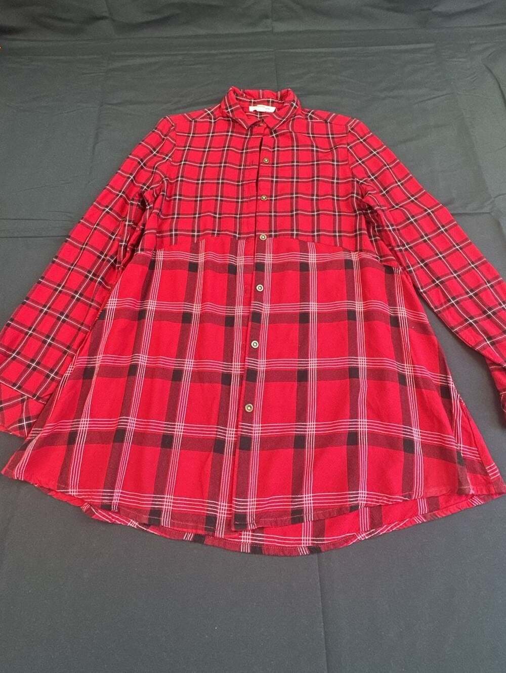 beachlunchlounge Red Black Tartan Plaid Long Sleeve Button Down Tunic Shirt XS
